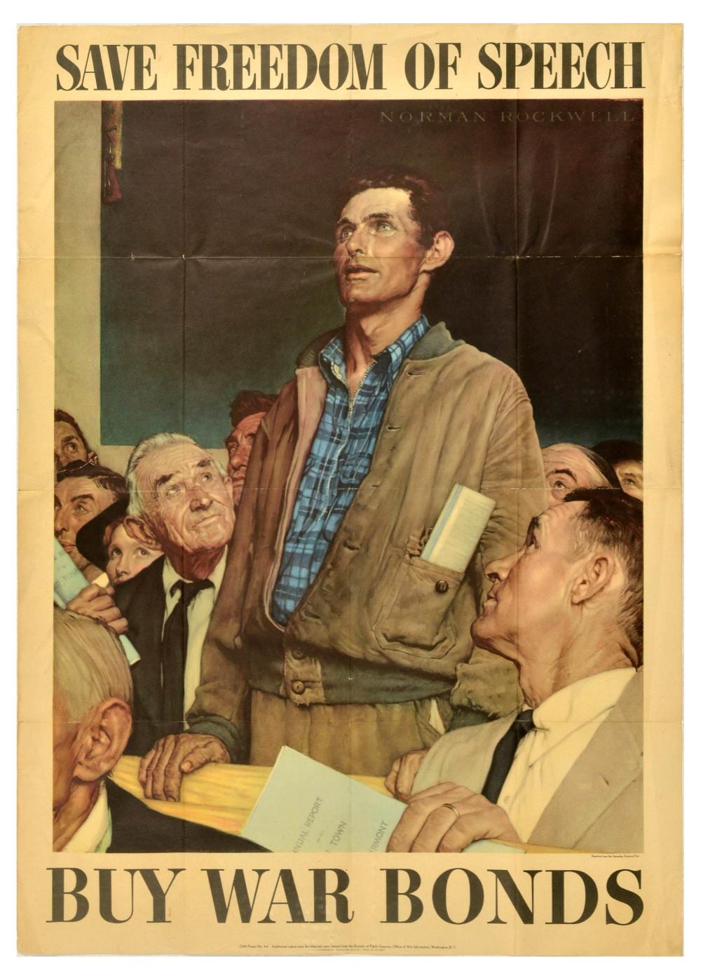 Poster reading “SAVE FREEDOM OF SPEECH” above an image of President Franklin D. Roosevelt speaking to a group, with “BUY WAR BONDS” at the bottom.
