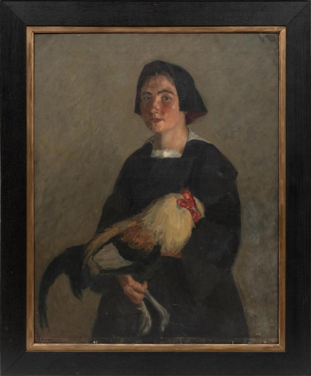 Elisha Kent Kane Wetherill comparable auction result: elisha kent kane wetherill american pennsylvania 1874 1929 breton peasant woman holding rooster oil on canvas