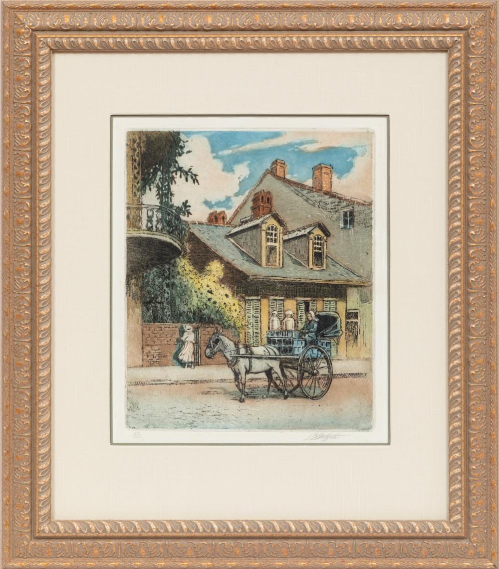 louis oscar griffith american indiana 1875 1956 active new orleans 1916 1917 horse drawn milk vendor color aquatint on paper · Neal Auction Company · 2025-09-12 Louis Oscar Griffith comparable auction result: louis oscar griffith american indiana 1875 1956 active new orleans 1916 1917 horse drawn milk vendor color aquatint on paper