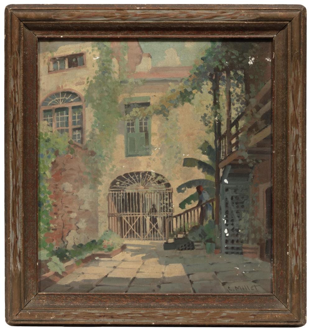 clarence millet american louisiana 1897 1959 st peter courtyard oil on canvas laid on board · Neal Auction Company · 2025-09-12 Clarence Millet comparable auction result: clarence millet american louisiana 1897 1959 st peter courtyard oil on canvas laid on board