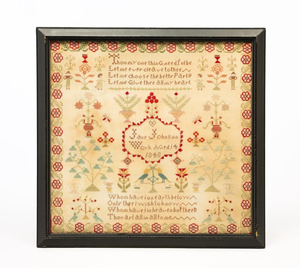 Jane Johnson comparable auction result: jane johnson american or english b 1834 needlework sampler dated 1848