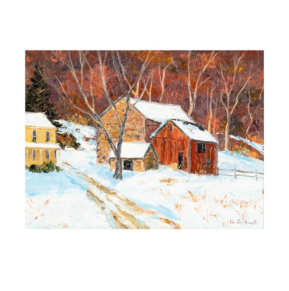 William Jachwak comparable auction result: william jachwak b 1954 farm buildings in a snowy landscape