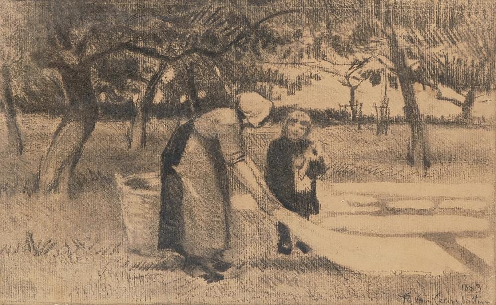 Frans van Leemputten comparable auction result: frans van leemputten 1850 1914 a pencil gouache drawing on paper of lady and child in field