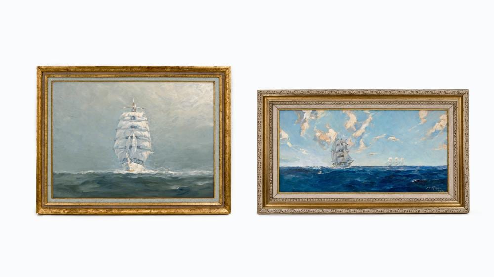Louis Royon comparable auction result: louis royon 1882 1968 boats at sea a lot of two small marine oil on panel paintings