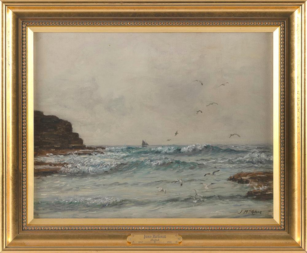 John N. McGhie comparable auction result: john n mcghie scotland 1867 1952 rocky seascape with seagulls and a distant sailboat oil on canvas 14 x 18 framed 18 25 x 22 25