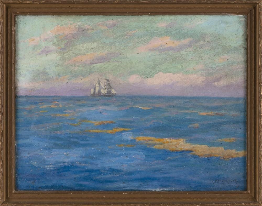 C. Myron Clark comparable auction result: c myron clark massachusetts 1858 1925 distant view of a three masted sailing ship oil on board 12 x 16 framed 14 x 18