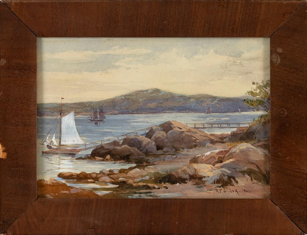 Robert Ford Gagen comparable auction result: robert ford gagen canada 1847 1926 boats on a mountain lake watercolor on paper 7 x 9 5 sight framed 10 x 13