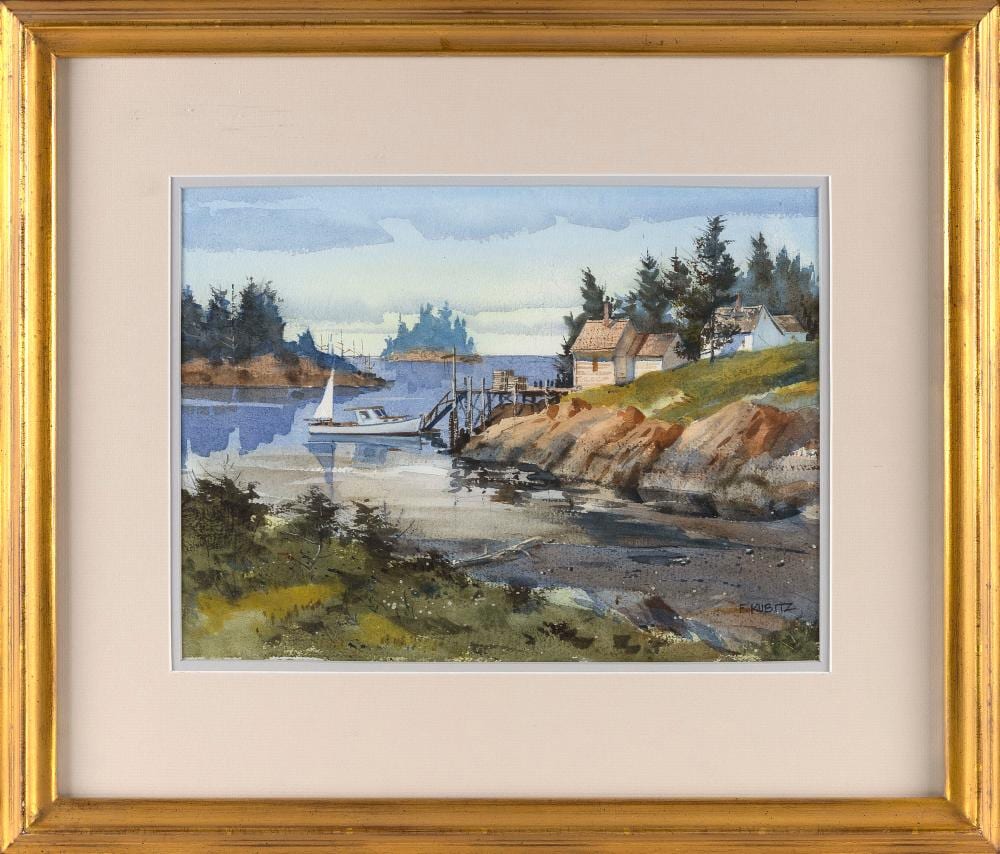frederick kubitz massachusetts 20th 21st century new england cove watercolor 10 5 x 14 sight framed 19 x 23 · Eldred's · 2025-09-19 Frederick Kubitz comparable auction result: frederick kubitz massachusetts 20th 21st century new england cove watercolor 10 5 x 14 sight framed 19 x 23