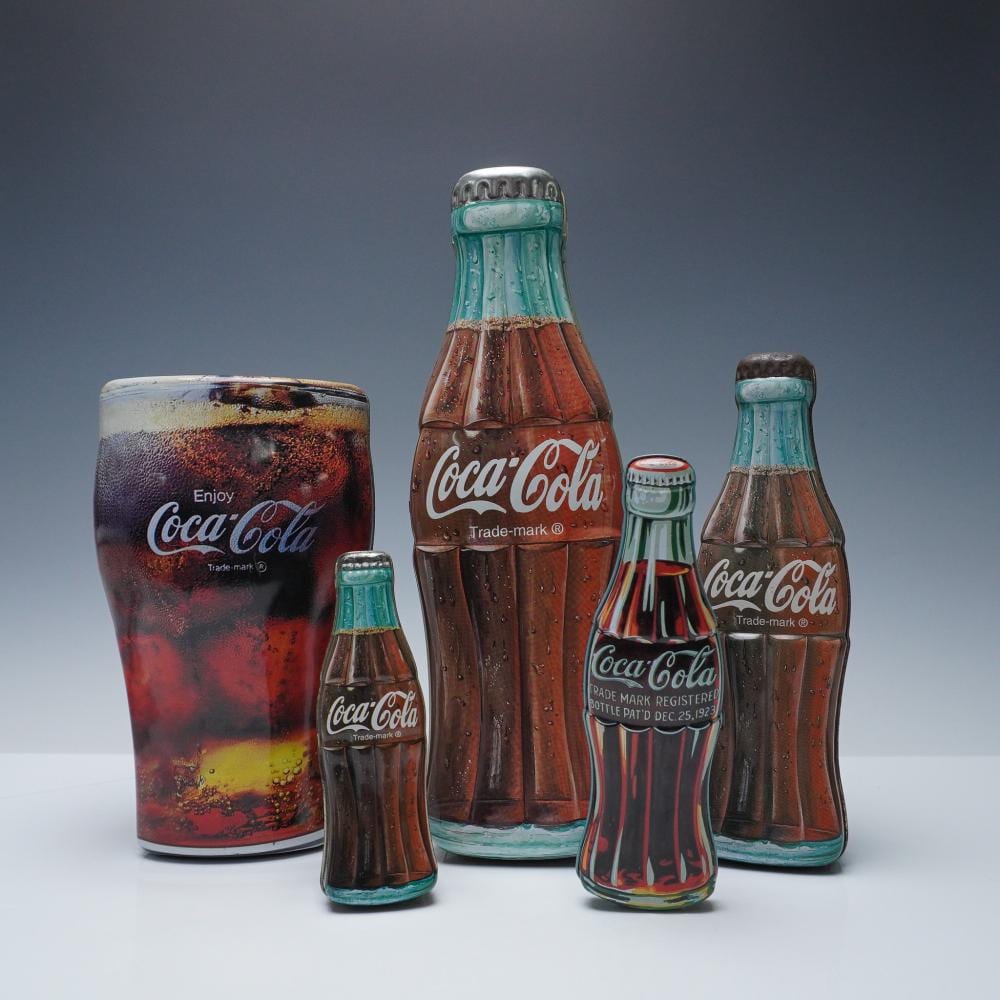 5pc Coca-Cola Bottle and Glass Shaped Tin Containers sold by Lion and Unicorn, lot 539 — auction record photograph
