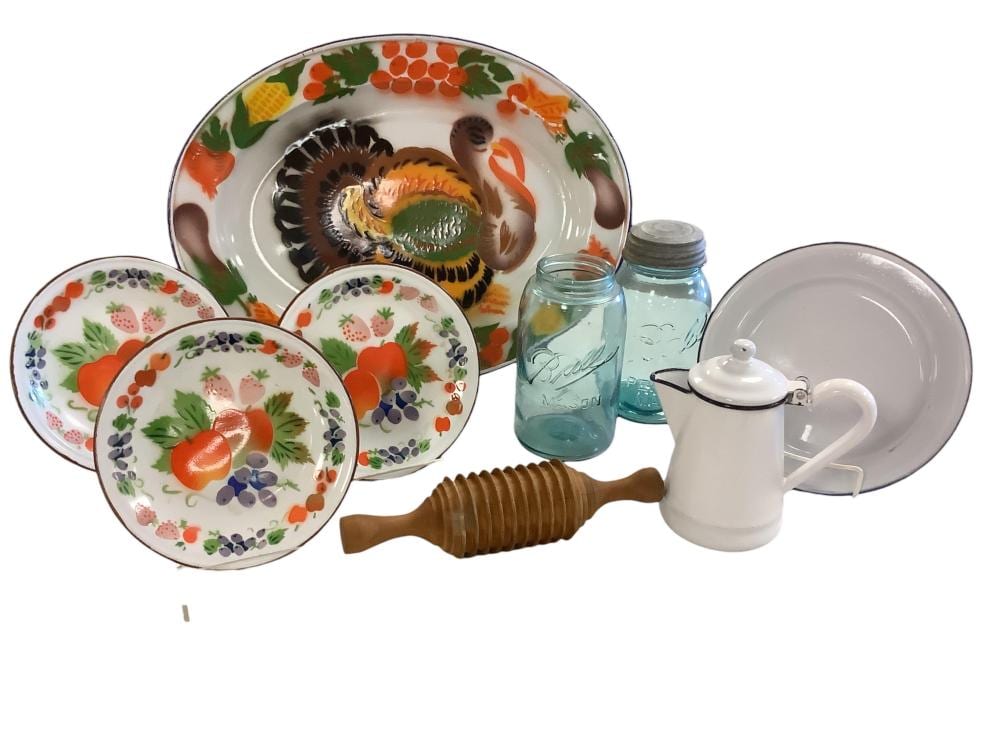 Enamel Ware, Wood Fascia Roller, and Ball Mason Jar 18” x 13” Platter sold by Apple Tree Auction Center, lot 1228 — auction record photograph