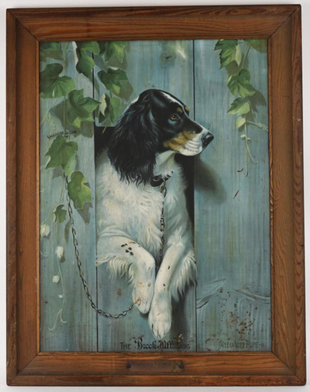 Alexander (1763) Pope comparable auction result: brook hill whiskey dog tin sign by alexander pope