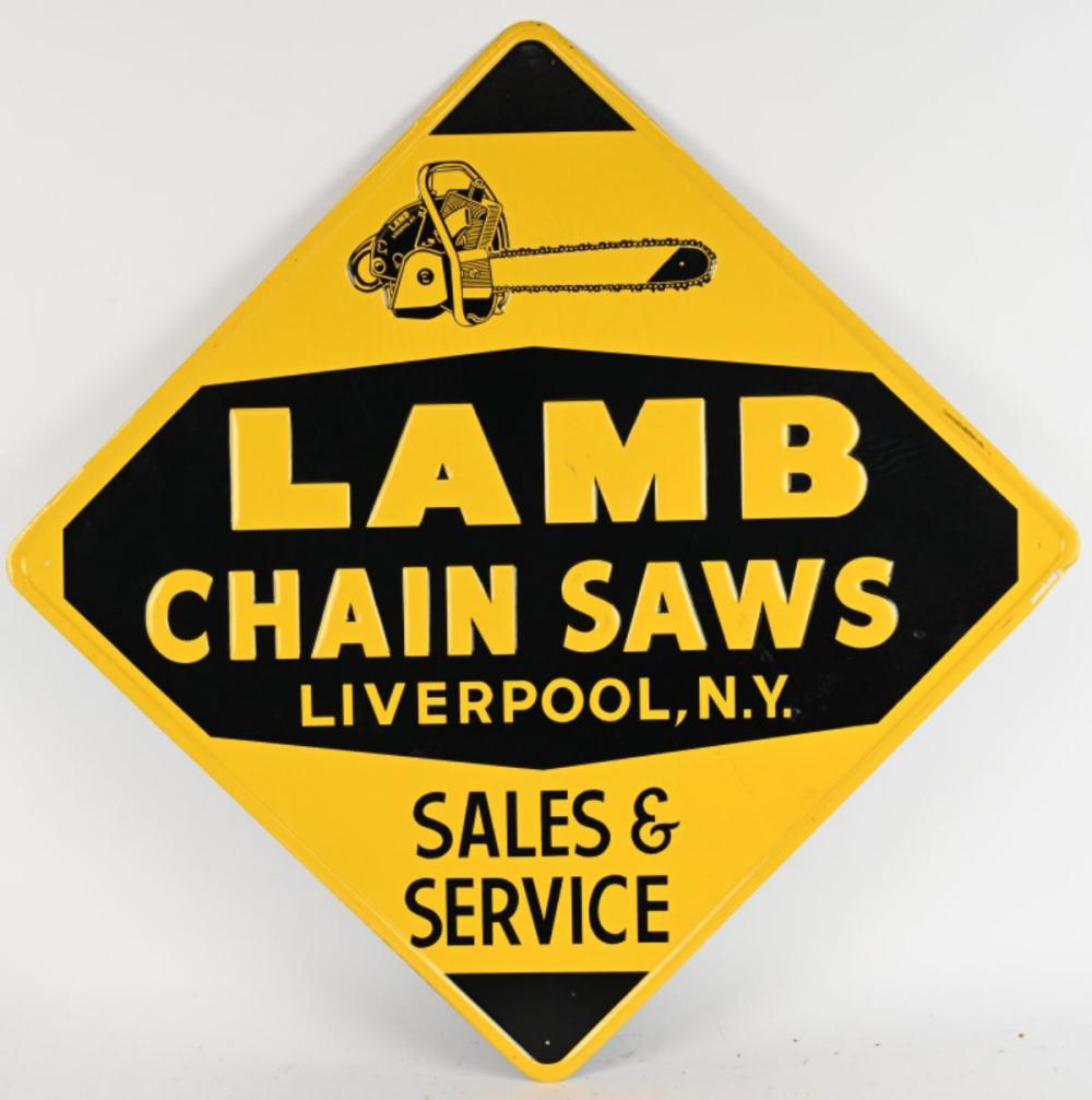 LAMB CHAIN SAWS EMBOSSED TIN SIGN sold by Milestone Auctions, lot 390 — auction record photograph