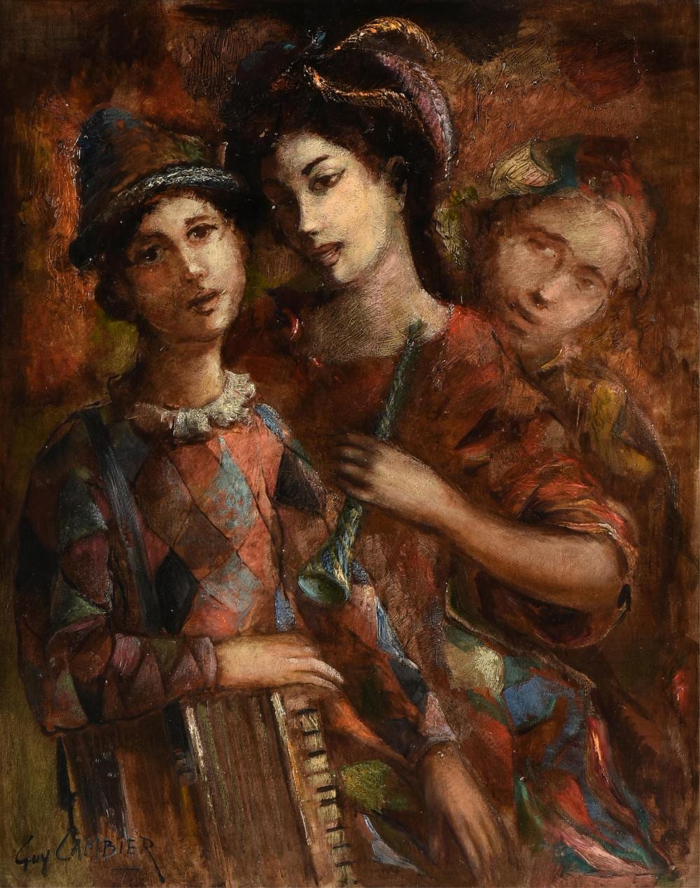 Guy Cambier comparable auction result: guy cambier french 1923 2008 three harlequins untitled circa 1960 36 1 4 x 29 in 92 1 x 73 7 cm frame 47 x 39 1 2 in 119 4 x 100 3 cm