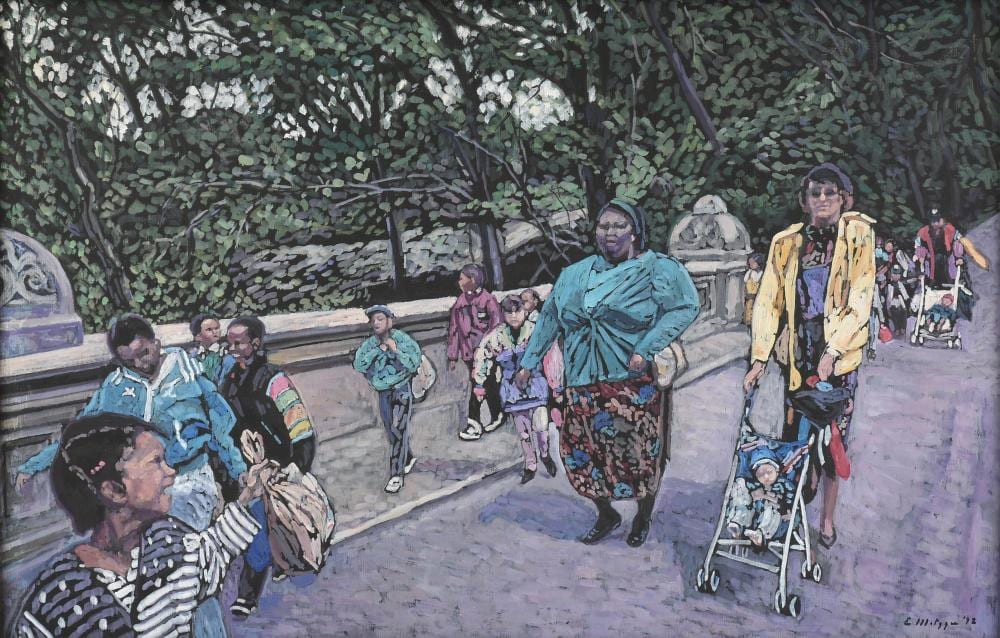 Evelyn Borchard Metzger comparable auction result: evelyn borchard metzger american 1911 2007 school class central park looking back 1992 31 x 48 in 78 7 x 121 9 cm frame 32 1 2 x 50 in 82 6 x 127 cm