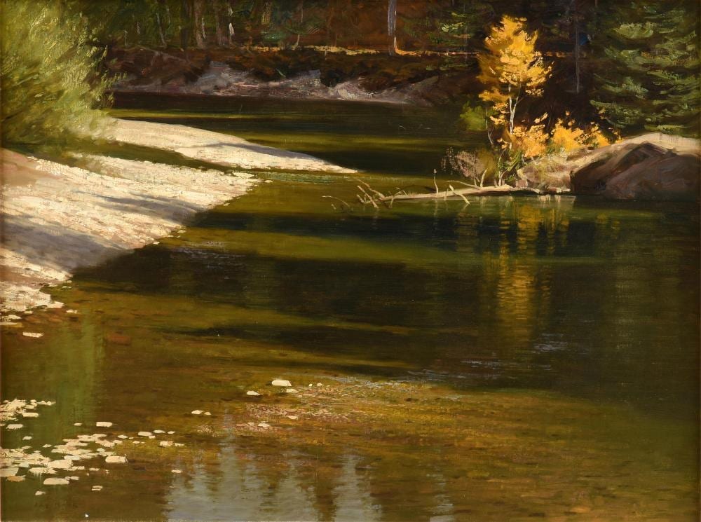 Jay Moore comparable auction result: jay moore american b 1964 roaring fork headwaters 2001 30 x 40 in 76 2 x 101 6 cm frame 39 5 8 x 49 5 8 in 100 6 x 126 cm