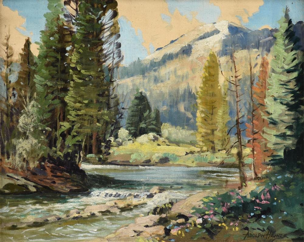 Adolph Heinze comparable auction result: adolph heinze american 1887 1958 river in the mountains untitled 20th century 16 x 20 in 40 6 x 50 8 cm frame 23 x 27 in 58 4 x 68 6 cm