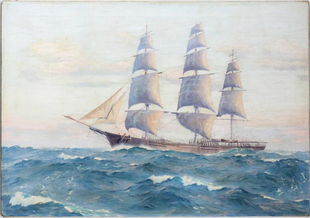 charles rosner 1894 1975 clipper ship westward ho oil on canvas · Nye & Company · 2025-09-11 Charles Rosner comparable auction result: charles rosner 1894 1975 clipper ship westward ho oil on canvas