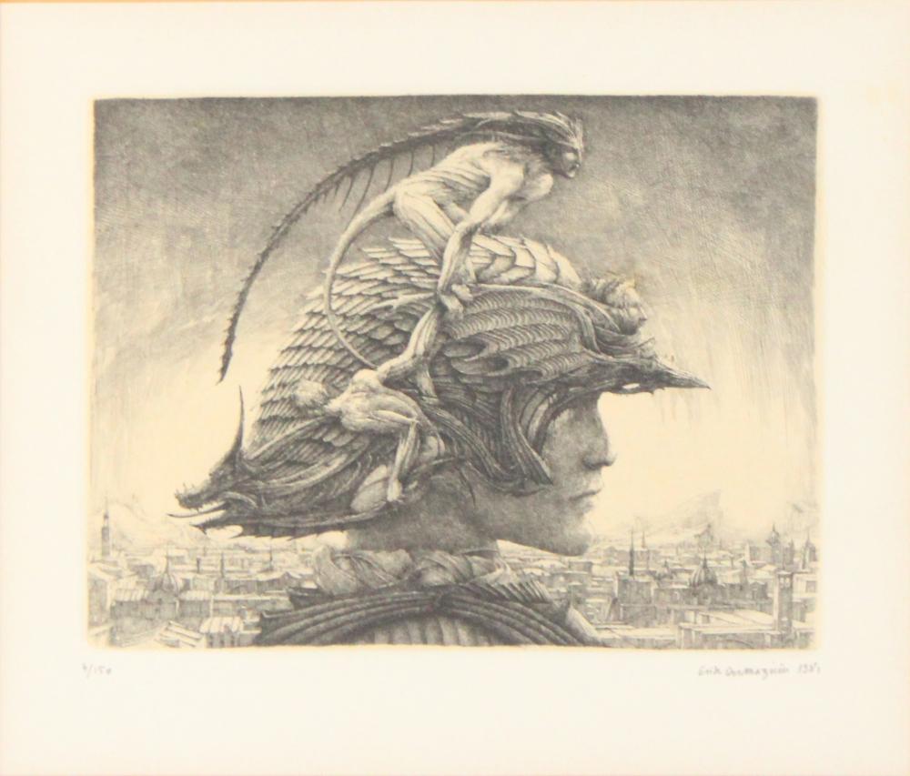 Erik Desmazières comparable auction result: erik desmazi res french 1948 casque d apparat etching