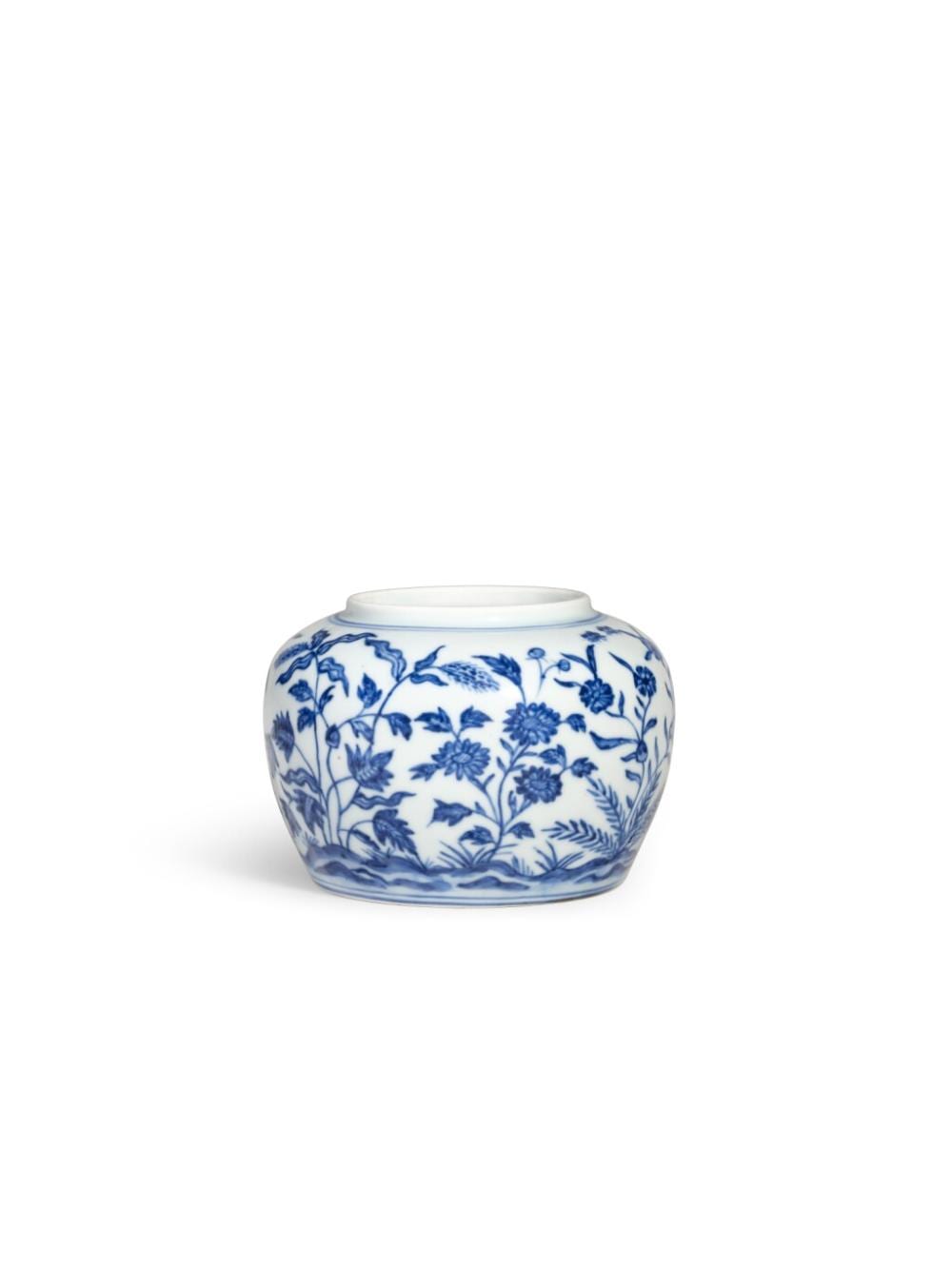An exceptionally rare and finely painted blue and white 'floral' jar, Mark and period of Chenghua | 明成化　青花九秋圖罐　《大明成化年製》款 comparable sale