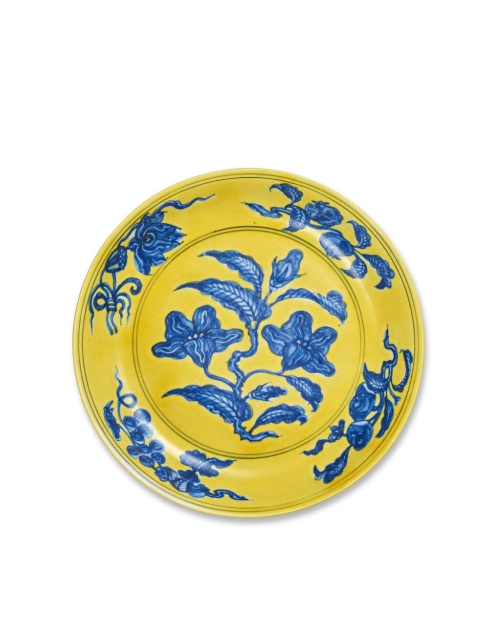 A fine yellow-ground and underglaze-blue 'gardenia' dish, Mark and period of Hongzhi | 明弘治　黃地青花折枝梔子花果紋盤　《大明弘治年製》款 comparable sale