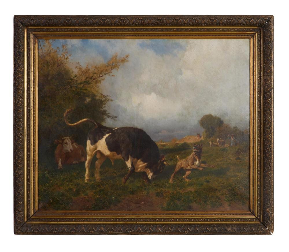 Jules Didier comparable auction result: jules didier french 1831 1892 dog and bull standoff 1873 h 27 in w 33 1 4 in framed h 33 1 2 in w 39 7 8 in