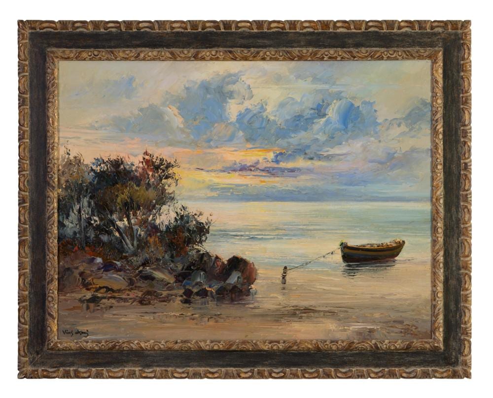 Jose Vives-Atsara comparable auction result: jose vives atsara spanish texas 1919 2004 barco en reposo 1963 h 30 in w 40 in framed h 39 in w 48 5 8 in