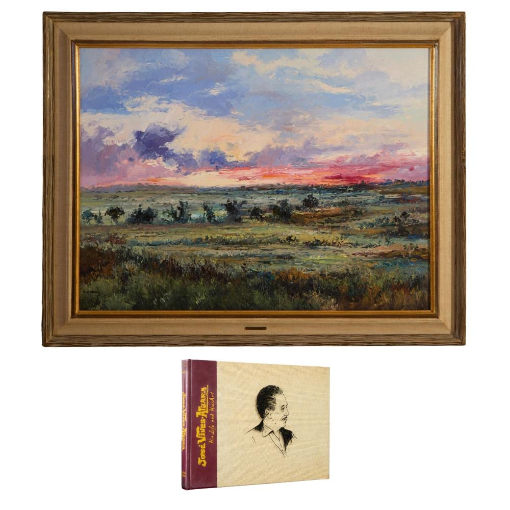 Jose Vives-Atsara comparable auction result: jose vives atsara spanish texas 1919 2004 sunset in blanco texas 1960 h 30 1 8 in w 40 in framed h 37 1 4 in w 47 in 2 pcs