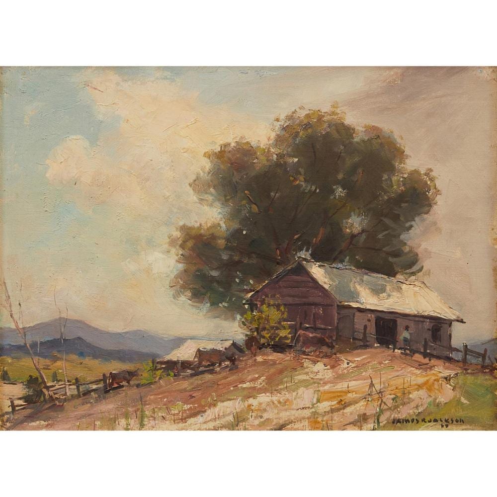 James R. Jackson comparable auction result: james r jackson 1882 1975 the dairy shed oil on board 29 5 x 40cm 56 x 66cm framed