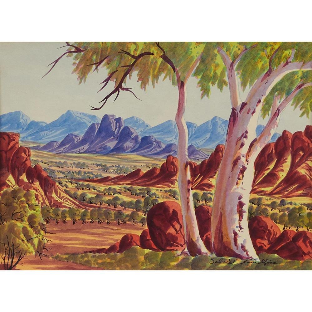 Gabriel Namatjira comparable auction result: gabriel namatjira 1941 1969 ghost gums west side of simpsons gap 1966 watercolour on board 27 5cm x 37 6 cm 41 x 50 5cm framed