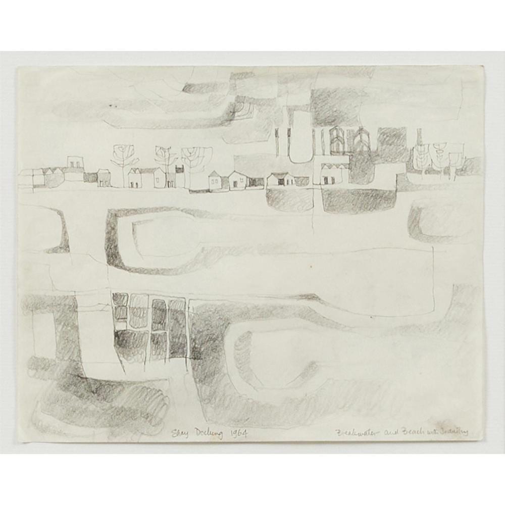 Shay Docking comparable auction result: shay docking 1928 2000 breakwater and beach with industry 1964 pencil on paper 20 x 25cm 47 x 51cm framed