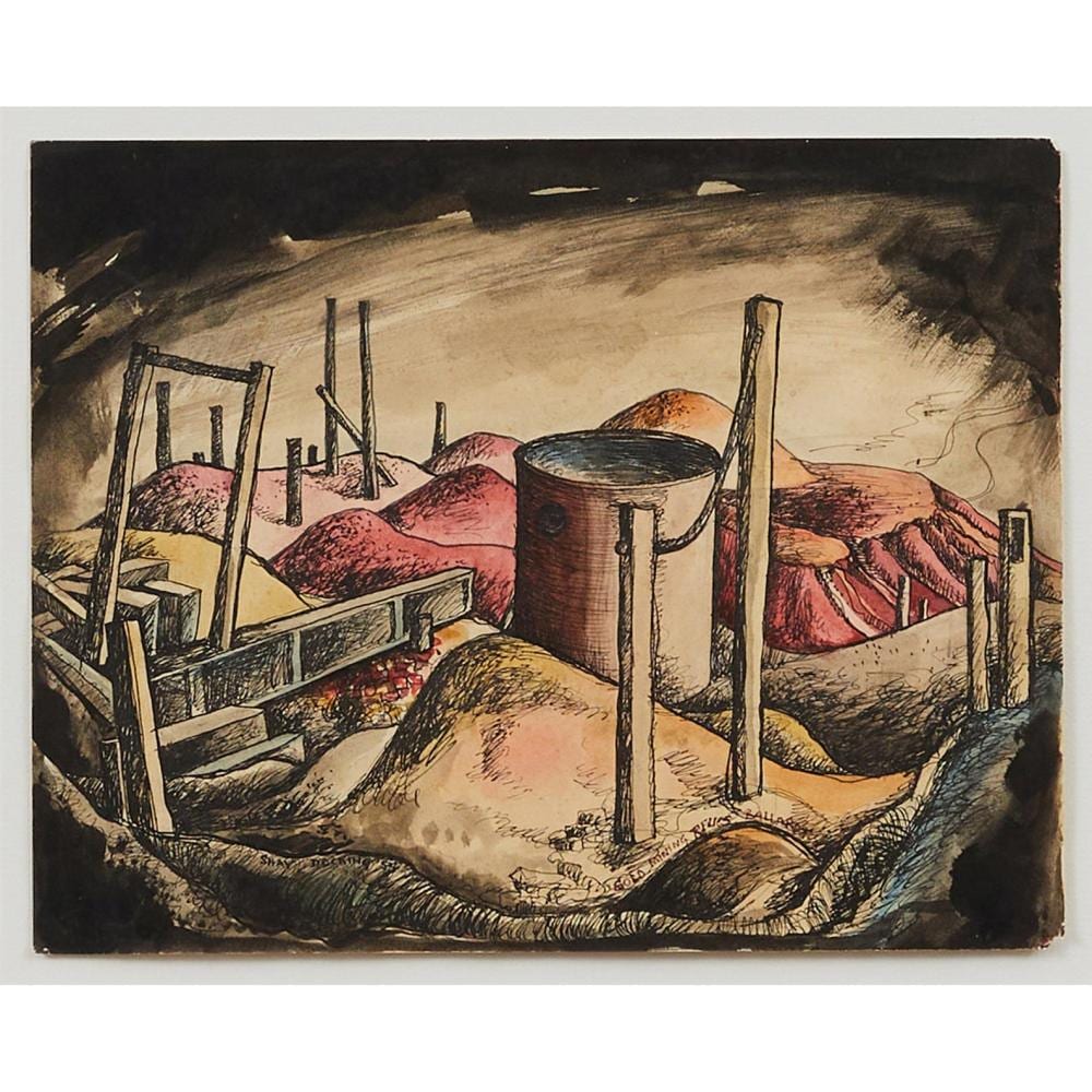 Shay Docking comparable auction result: shay docking 1928 2000 gold mining relics ballarat 1954 watercolour and pen on paper 20 x 25cm 52 5 x 60cm framed