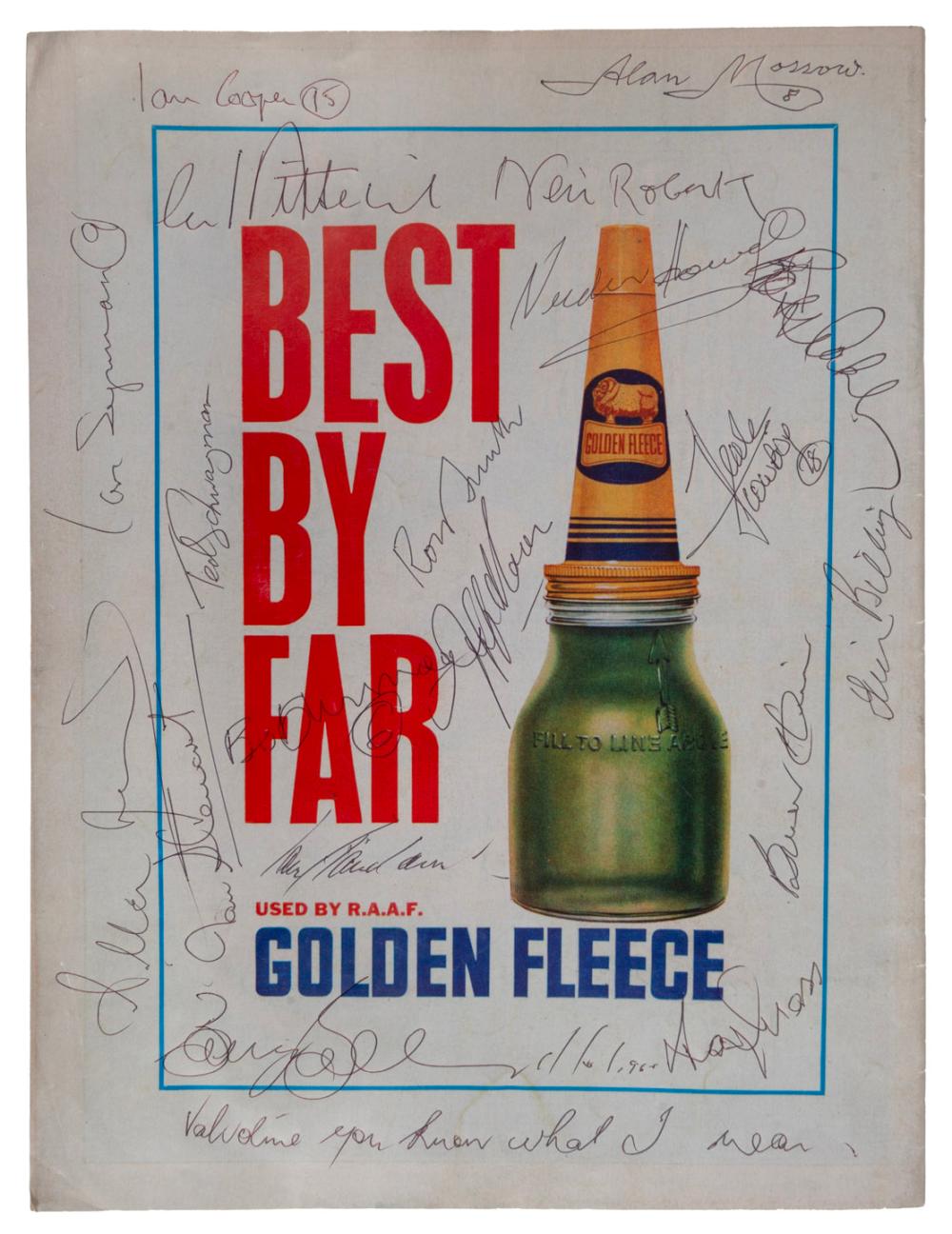 1966 ST KILDA GRAND FINAL WIN: Ross Oakley's personal copy of the 1966 Grand Final Football Record, with nineteen autographs on the back including players such as St Kilda's Ian Cooper, Alan Morrow, Ian Synman, Kevin Neale, Bob Murray, Ian Stewart, sold by Leski Auctions Pty Ltd, lot 353 — auction record photograph