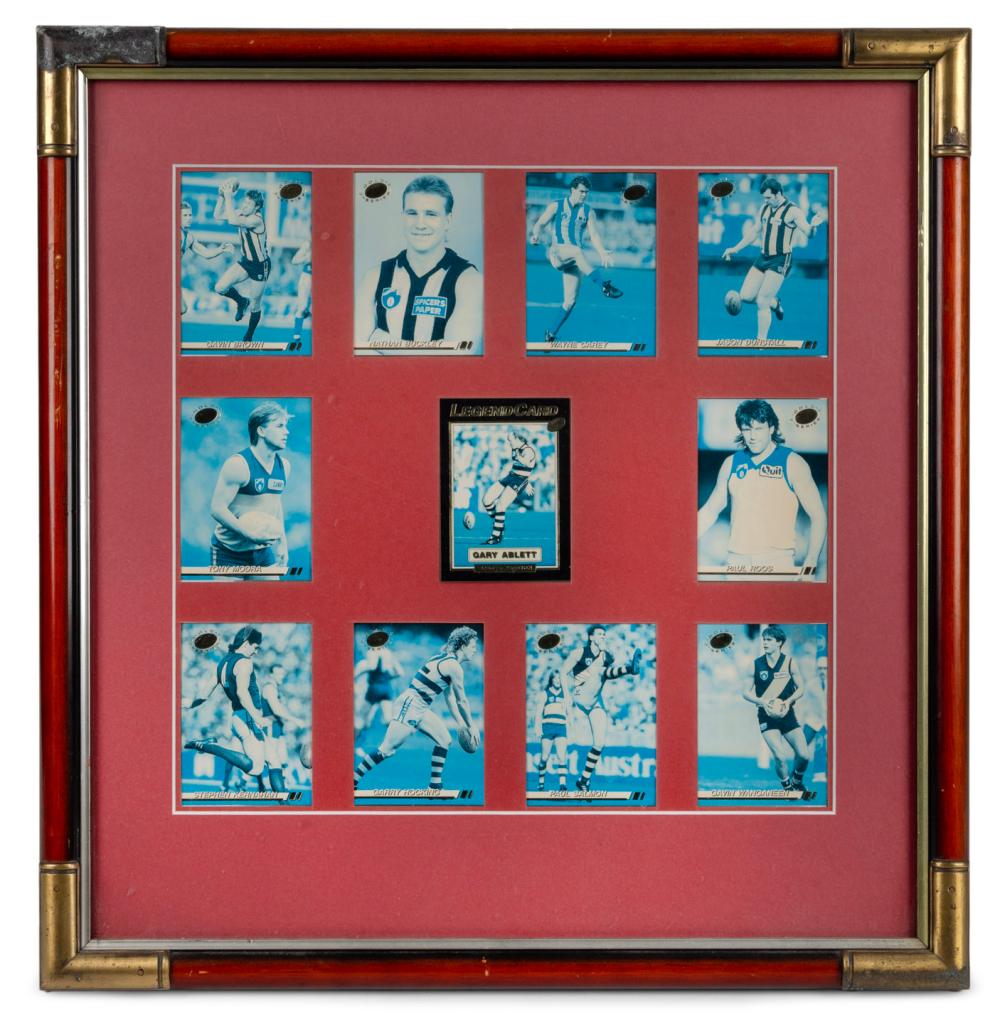 1994 SELECT AFL CARDS: Framed display comprising eleven cards - Select Gold Series Gavin Brown, Nathan Buckley, Wayne Carey, Jason Dunstall, Tony Modra, Paul Roos, Stephen Kernahan, Garry Hocking, Paul Salmon, and Gavin Wanganeen, as well as Select sold by Leski Auctions Pty Ltd, lot 369 — auction record photograph