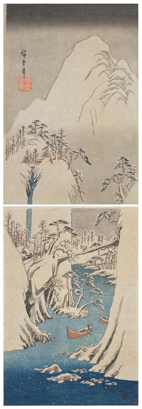 UTAGAWA HIROSHIGE (1797-1858). The Fuji River in snow. Vertical oban diptyc sold by Christie's, lot 176 — auction record photograph