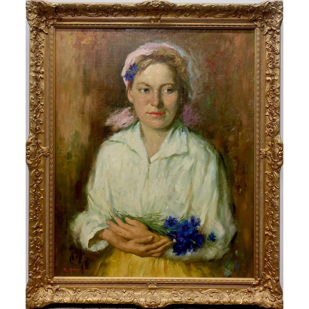 Lajos Rezes Molnár comparable auction result: lajos rezes moln r hungarian 1896 1989 portrait of a young woman holding blue cornflowers
