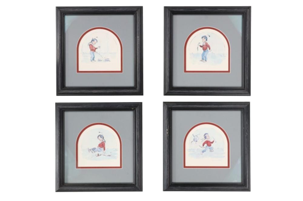 Four framed watercolor-style prints featuring a Native American boy standing and playing with a small bird or animal in a light landscape.