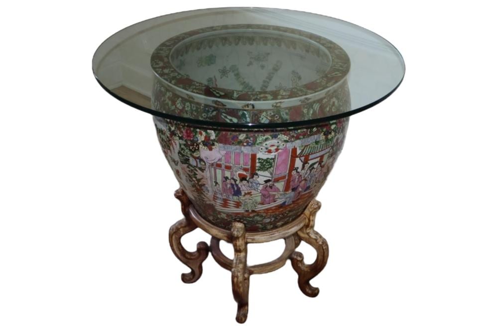 Decorative large Chinese-style fishbowl with painted scene and metal stand, shown with a clear glass top.