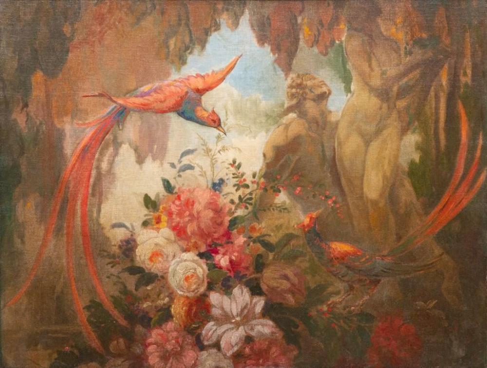 Art Deco Oil Painting Birds & Figures in Stylized Landscape, circa 1925 sold by Collective Hudson, LLC, lot 259 — auction record photograph