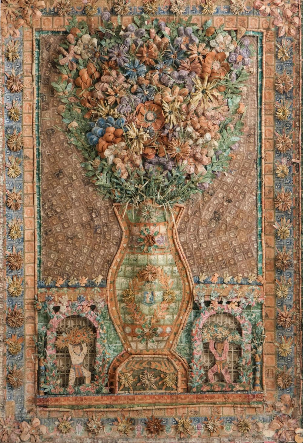 Postage Stamp Antique Collage Artwork Intricately Layered and Sculpted Philatelic Floral Relief Antique sold by Collective Hudson, LLC, lot 387 — auction record photograph