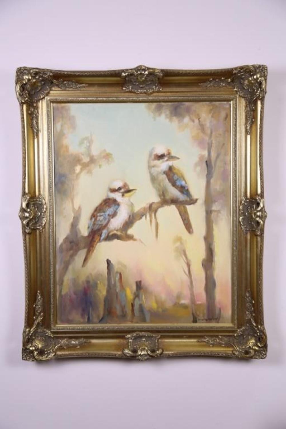 Dudley Drew comparable auction result: dudley drew oil on canvas depicting a pair of kookaburras perched on the branch h 76cm w60cm