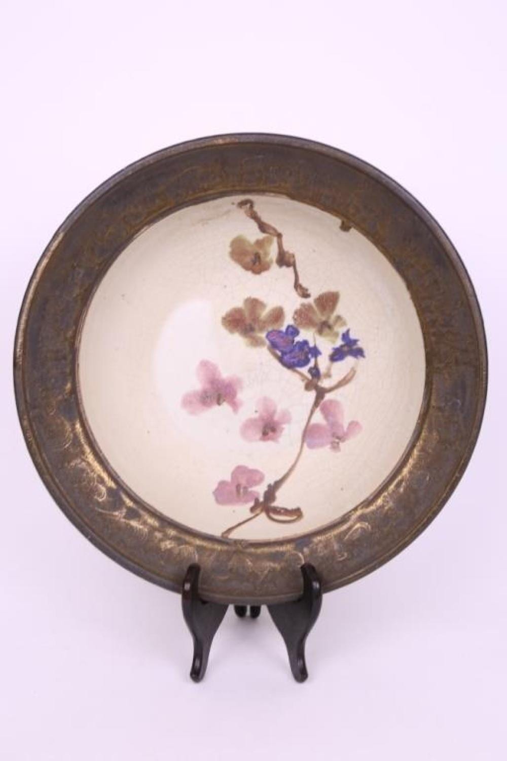 Milton Moon comparable auction result: a rare milton moon earthenware bowl having hand painted floral decoration to the interior with a copper glazed boarder h 10cm dia 40cm