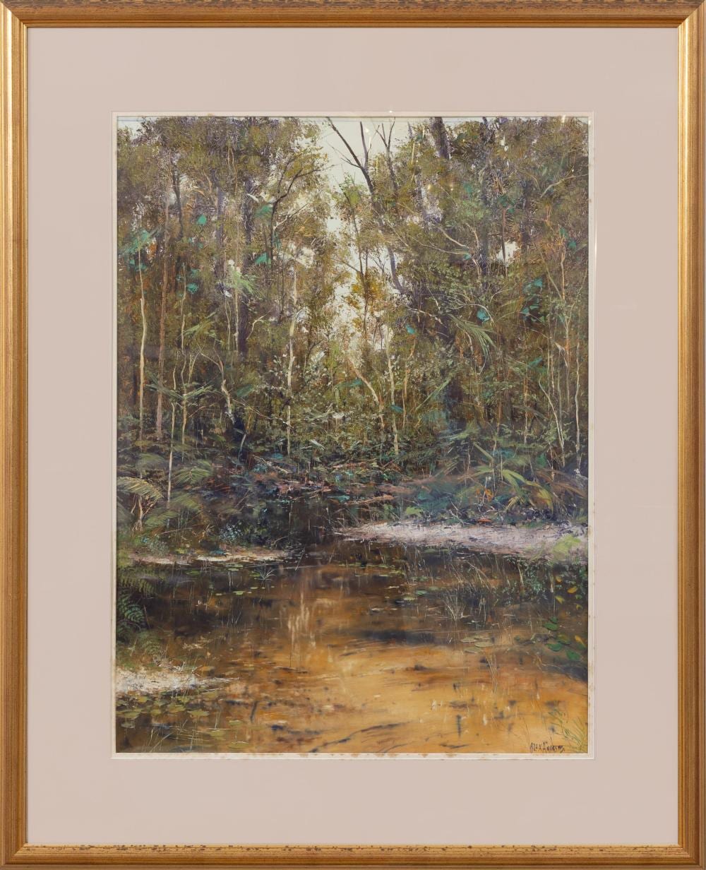 Alex Grahame Andrews comparable auction result: alex grahame andrews 1947 untitled riverscape acrylic on card 78 x 58 frame size 106 x 86cm