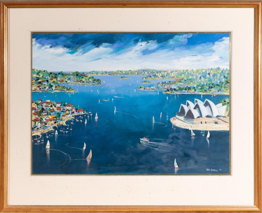 Prue Andrews comparable auction result: prue andrews 1956 sydney harbour oil on card 57 x 80cm frame 88 x 109cm