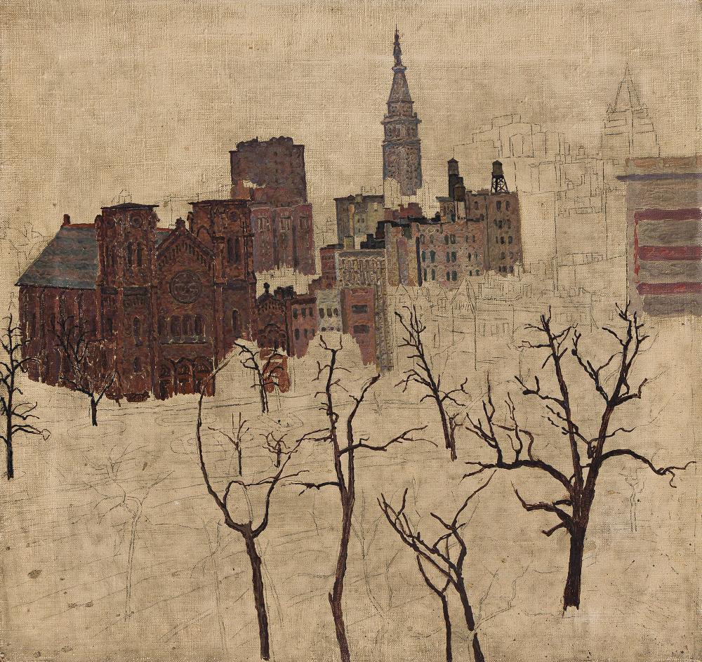 Herman Rose comparable auction result: herman rose stuyvesant square and study for 23rd st el oil and pencil on canvas and pencil on paper 1975 and circa 1943