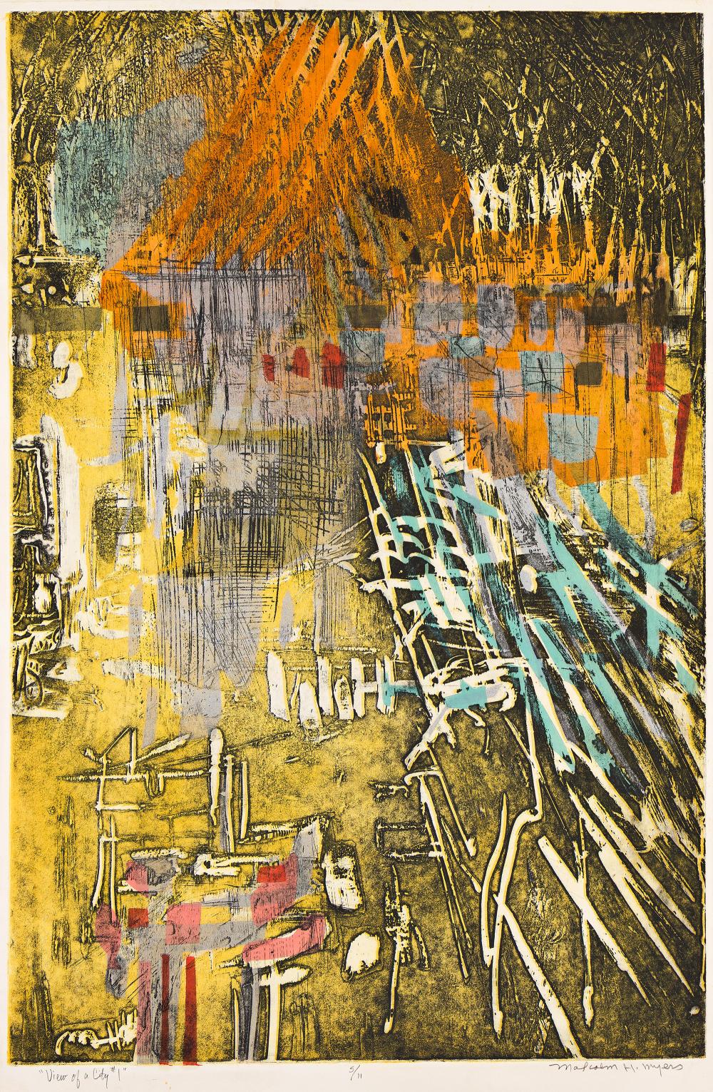 Malcolm Myers comparable auction result: malcolm myers view of a city 1 intaglio color stencil and silver spray paint 1958