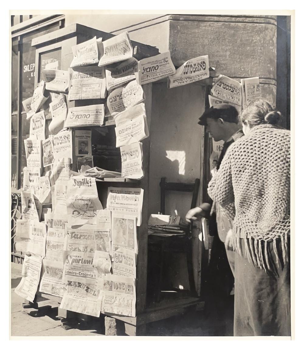 Roman Vishniac comparable auction result: roman vishniac newsstand with yiddish and polish periodicals silver print