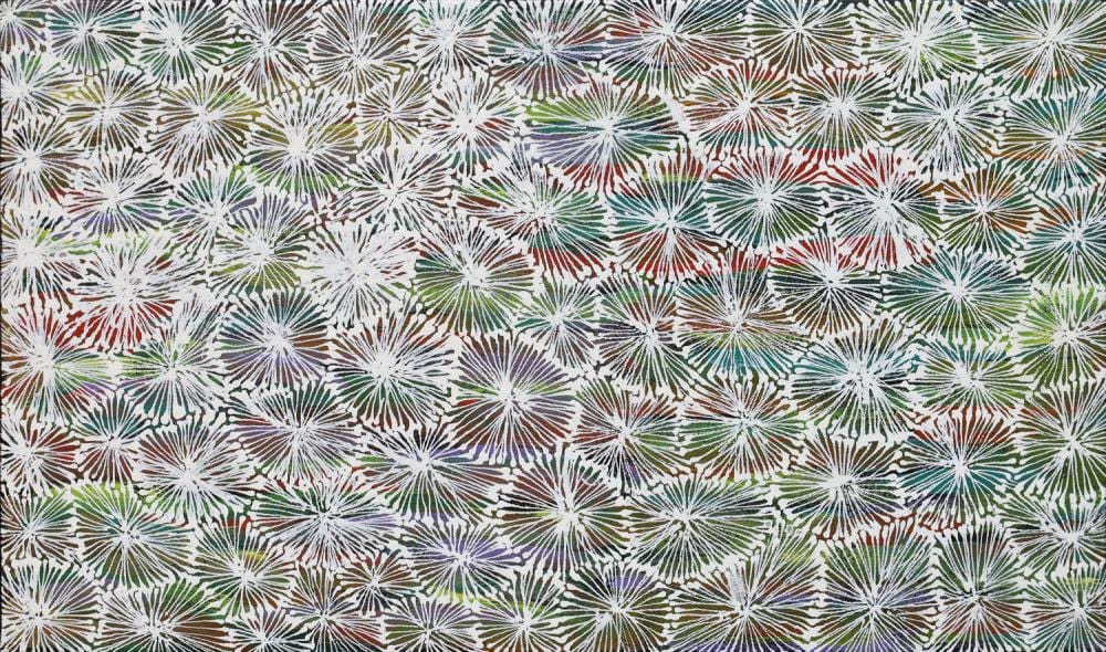 Lucky Morton Kngwarreye comparable auction result: lucky morton kngwarreye my country acrylic on canvas 27cm x 44cm