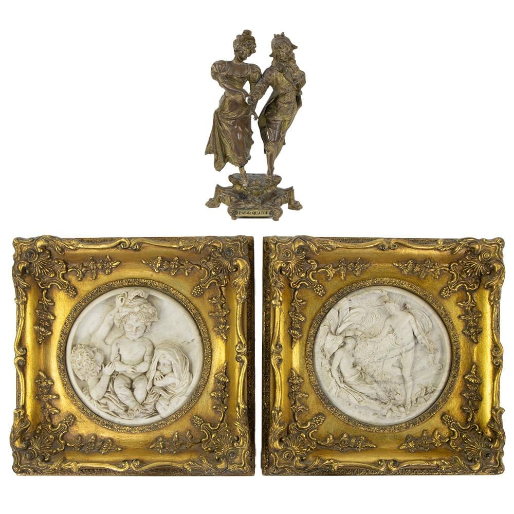 Edward William Wyon comparable auction result: beautiful late 19th century bronze sculpture representing a dansing couple called pas de quartes signed barthelemy and 2 high relief plaques after edward william wyon