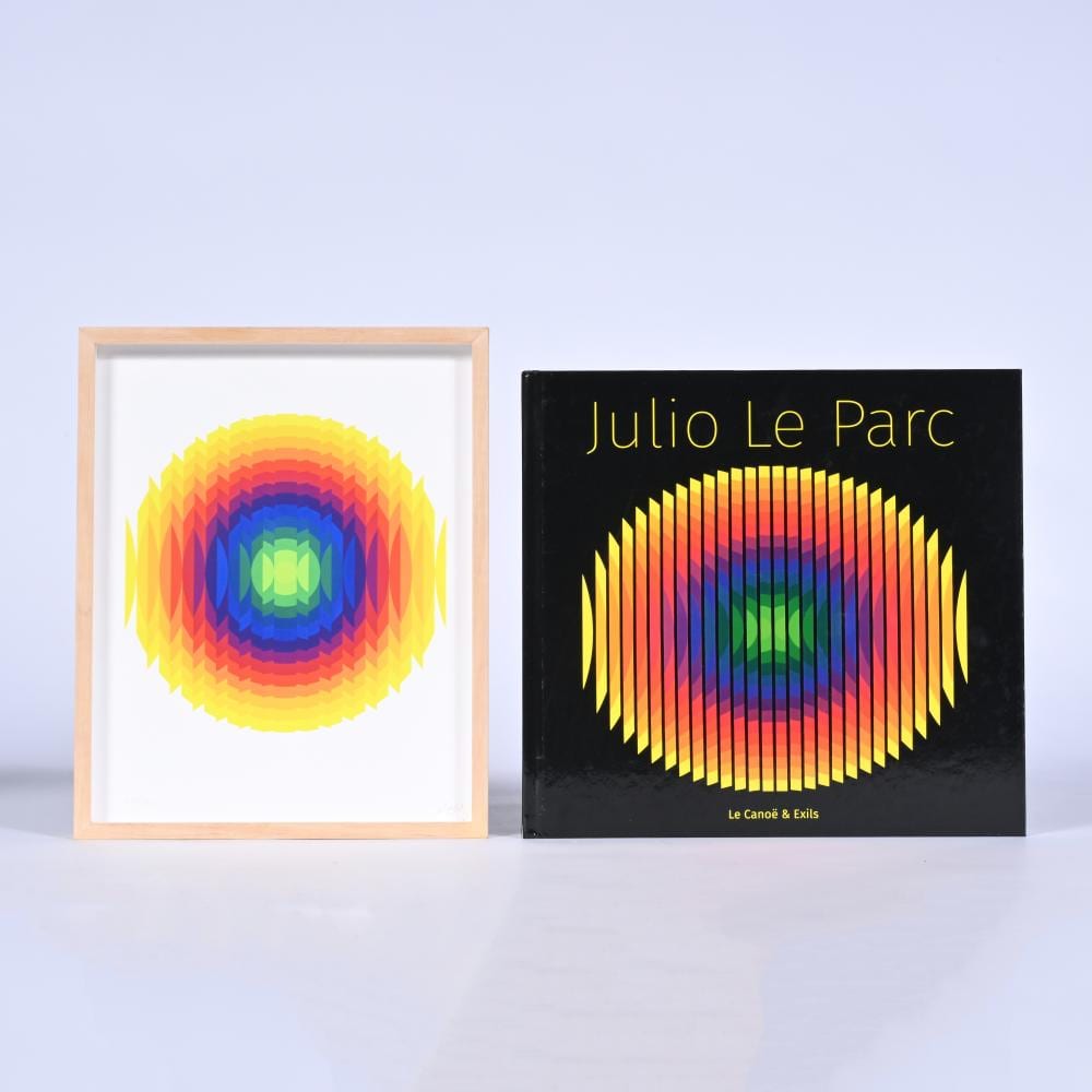 Julio Le Parc comparable auction result: julio le parc 1928 silkscreen oeuvre infinie 2021 signed and numbered 24 40 with book julio le parc published le cano exils