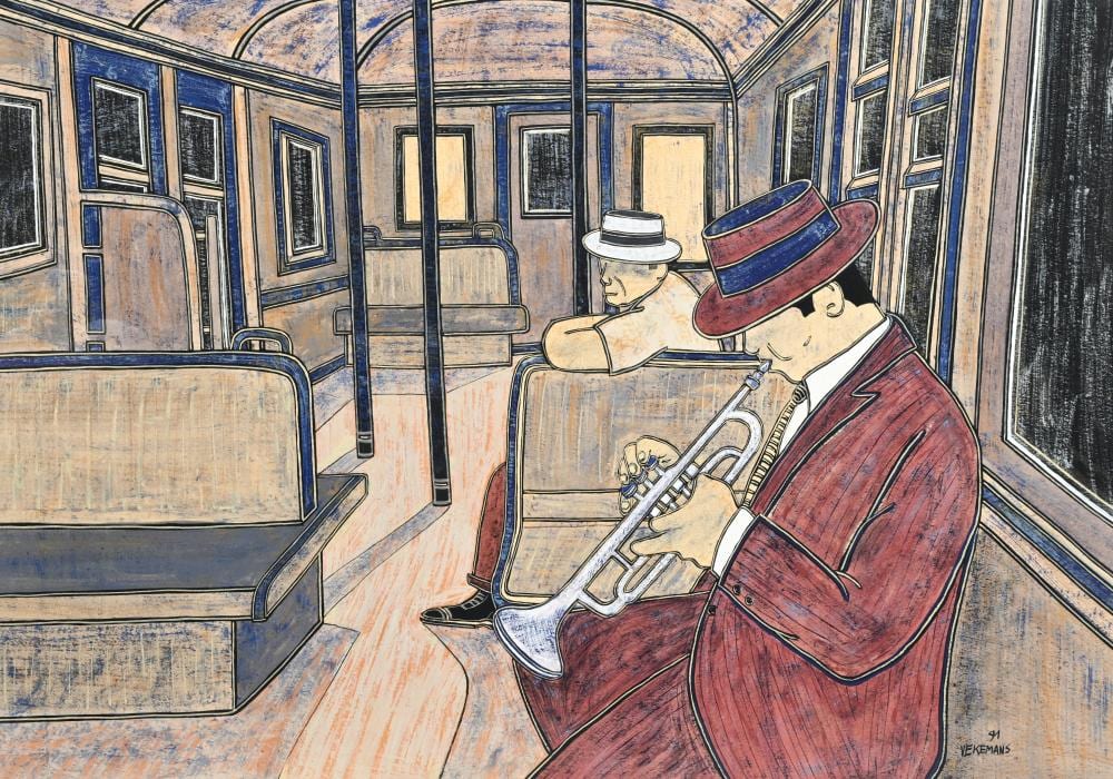Bruno Vekemans comparable auction result: bruno vekemans 1952 2019 gouache on board trumpet player in the metro signed and dated 91